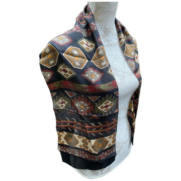 Vtg Echo 100% Silk Scarf Geometric Aztec Tribal Print Brown Red Black 26"x10.5" - Picture 2 of 8